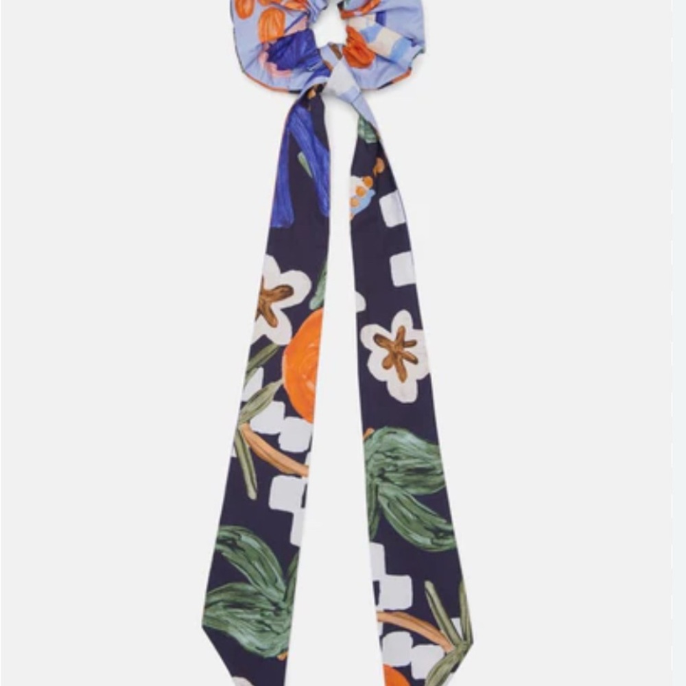 Blue and Orange Floral Hair Scrunchie with Scarf